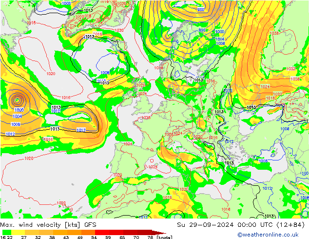 Max. wind snelheid GFS zo 29.09.2024 00 UTC