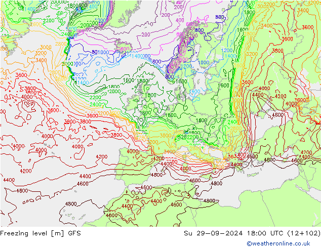 Nulgradenniveau GFS zo 29.09.2024 18 UTC