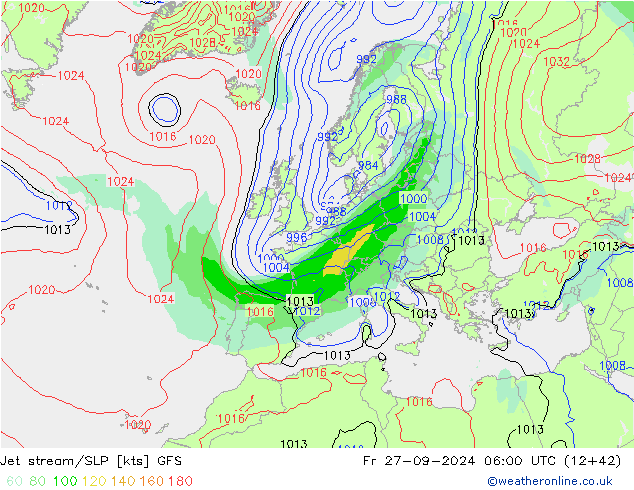 Jet stream/SLP GFS Fr 27.09.2024 06 UTC