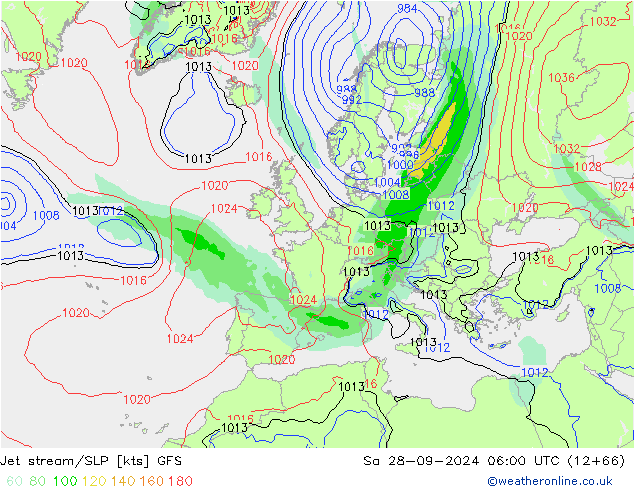 Corriente en chorro GFS sáb 28.09.2024 06 UTC