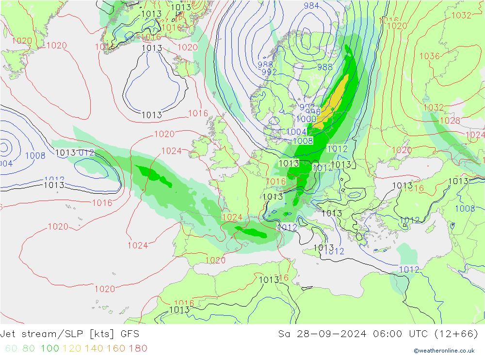 Jet stream/SLP GFS Sa 28.09.2024 06 UTC