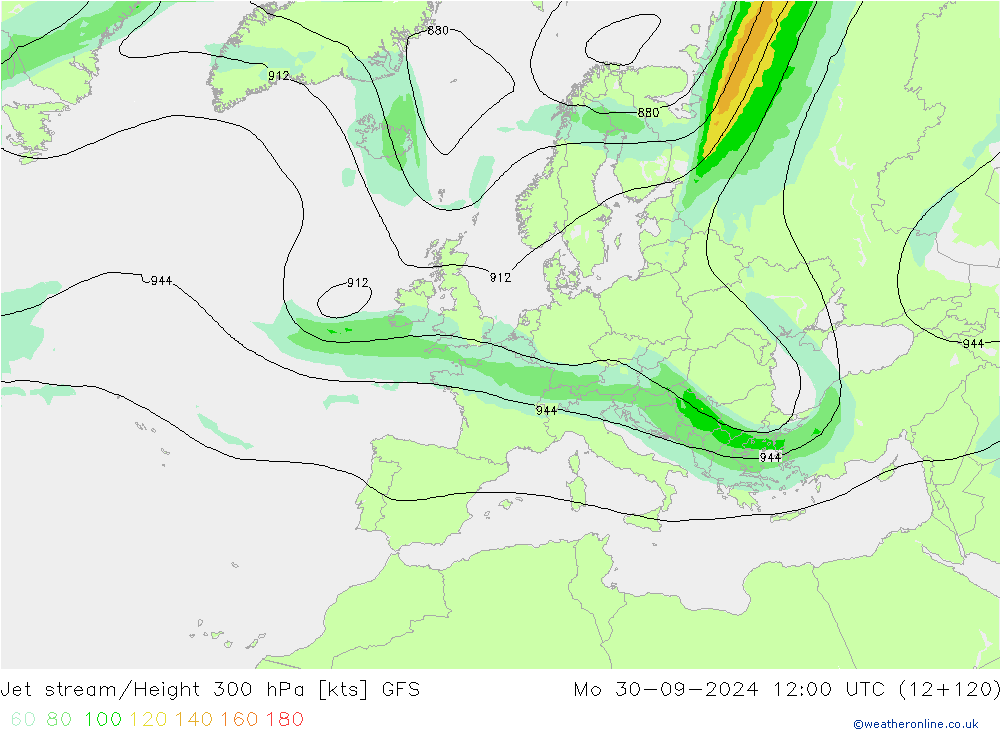 Jet stream/Height 300 hPa GFS Mo 30.09.2024 12 UTC