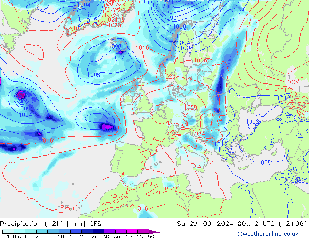 Precipitation (12h) GFS Su 29.09.2024 12 UTC