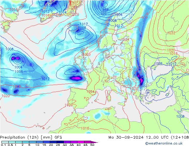 Precipitation (12h) GFS Mo 30.09.2024 00 UTC