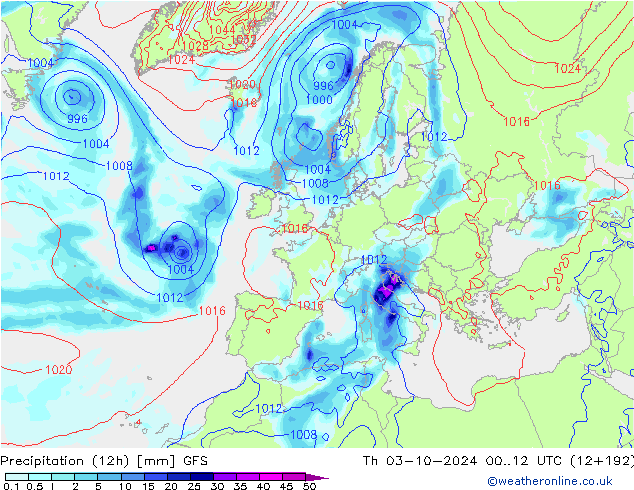 Totale neerslag (12h) GFS do 03.10.2024 12 UTC