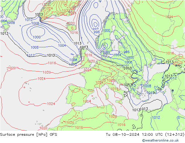 Surface pressure GFS Tu 08.10.2024 12 UTC