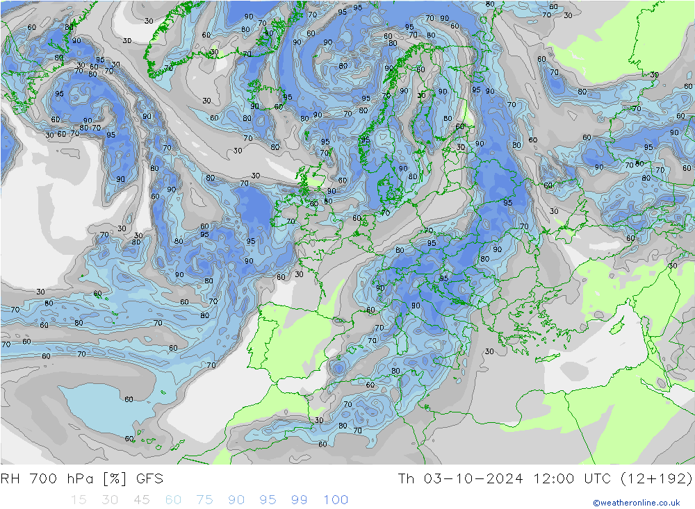 Humidité rel. 700 hPa GFS jeu 03.10.2024 12 UTC