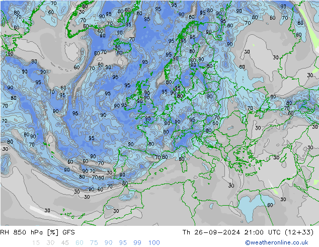 RH 850 hPa GFS gio 26.09.2024 21 UTC