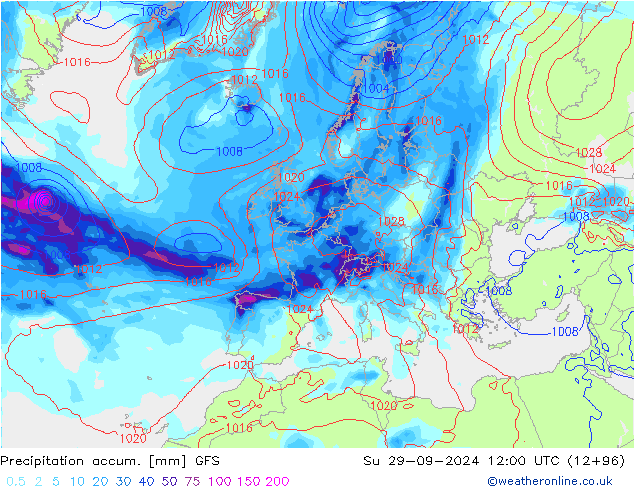 Precipitation accum. GFS Su 29.09.2024 12 UTC