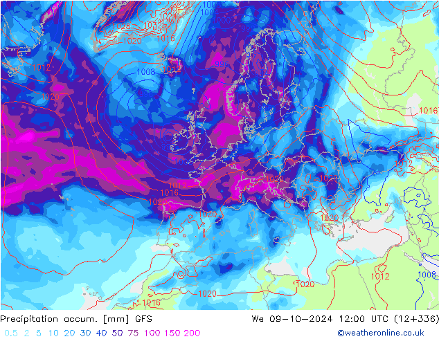 Precipitación acum. GFS mié 09.10.2024 12 UTC