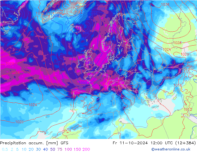 Precipitation accum. GFS Fr 11.10.2024 12 UTC