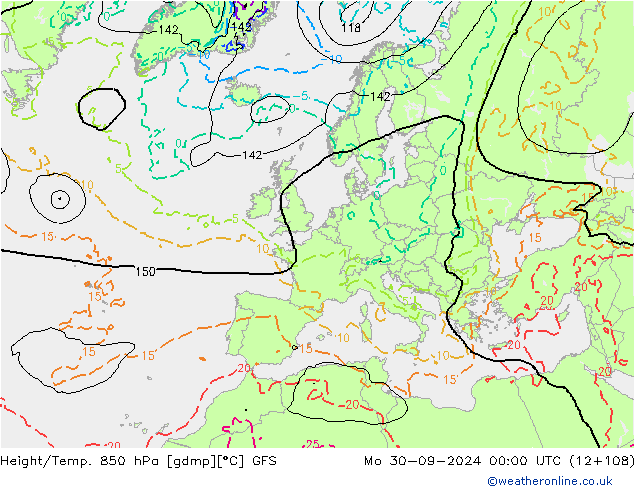 Height/Temp. 850 гПа GFS пн 30.09.2024 00 UTC