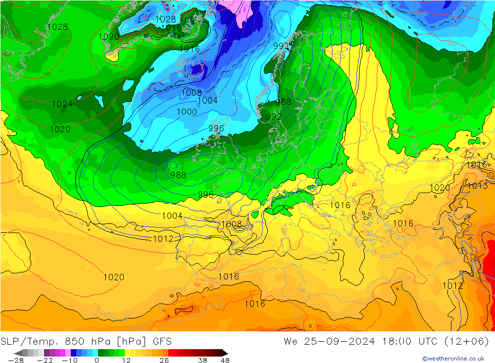 SLP/Temp. 850 hPa GFS St 25.09.2024 18 UTC