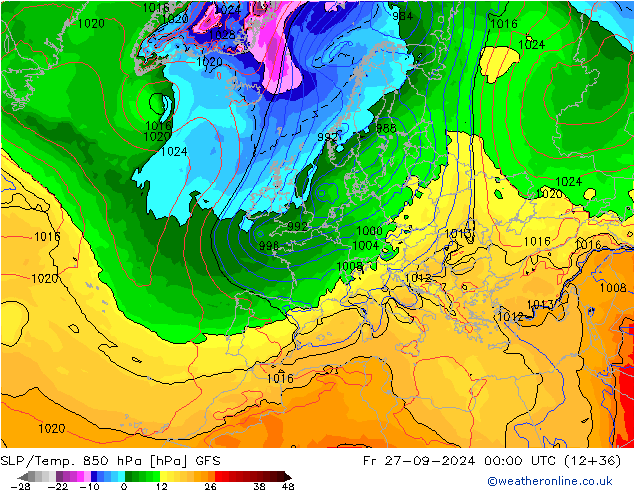 SLP/Temp. 850 hPa GFS vr 27.09.2024 00 UTC