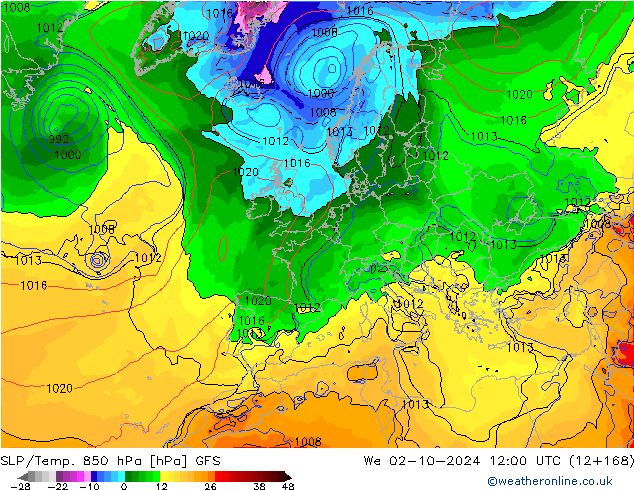 SLP/Temp. 850 hPa GFS Mi 02.10.2024 12 UTC