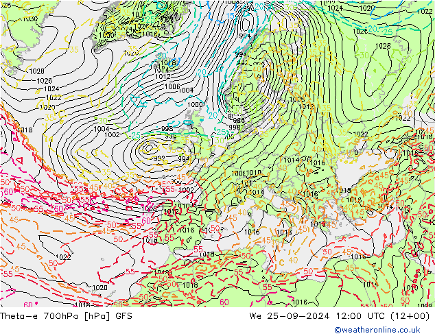 Theta-e 700гПа GFS ср 25.09.2024 12 UTC