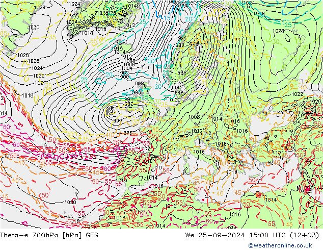 Theta-e 700гПа GFS ср 25.09.2024 15 UTC