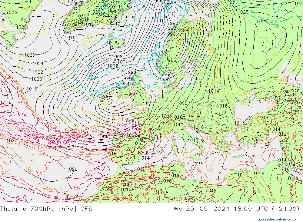 Theta-e 700hPa GFS Qua 25.09.2024 18 UTC