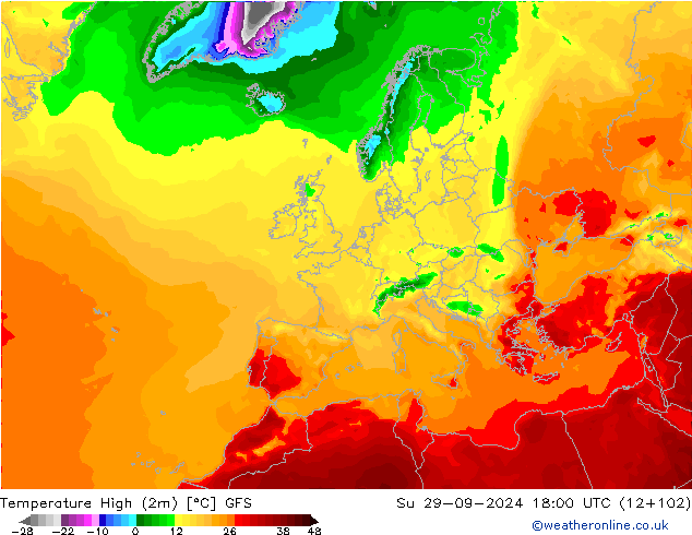 Nejvyšší teplota (2m) GFS Ne 29.09.2024 18 UTC