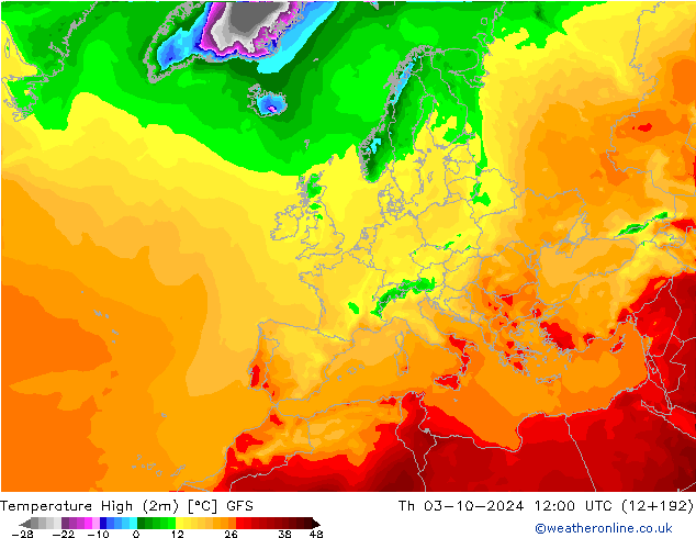 Temperature High (2m) GFS Th 03.10.2024 12 UTC