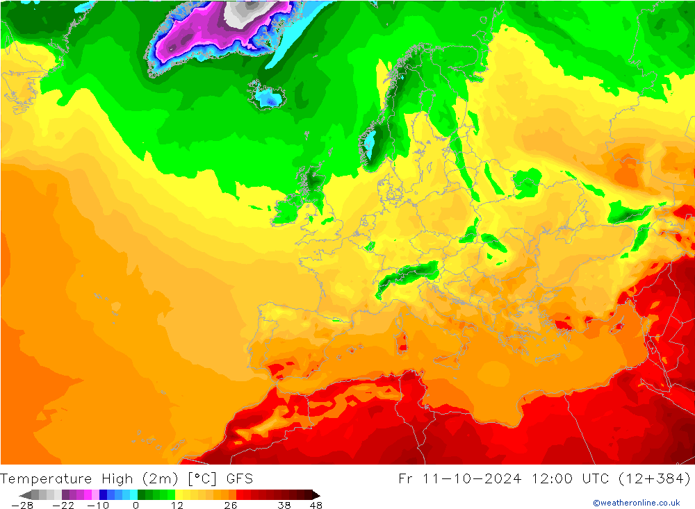 Nejvyšší teplota (2m) GFS Pá 11.10.2024 12 UTC