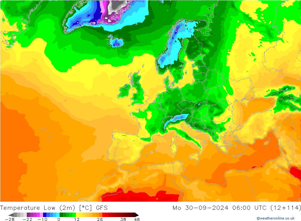 température 2m min GFS lun 30.09.2024 06 UTC