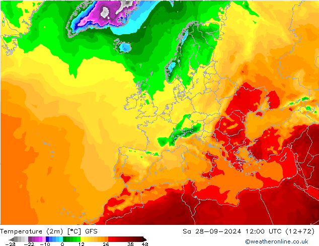 Temperaturkarte (2m) GFS Sa 28.09.2024 12 UTC