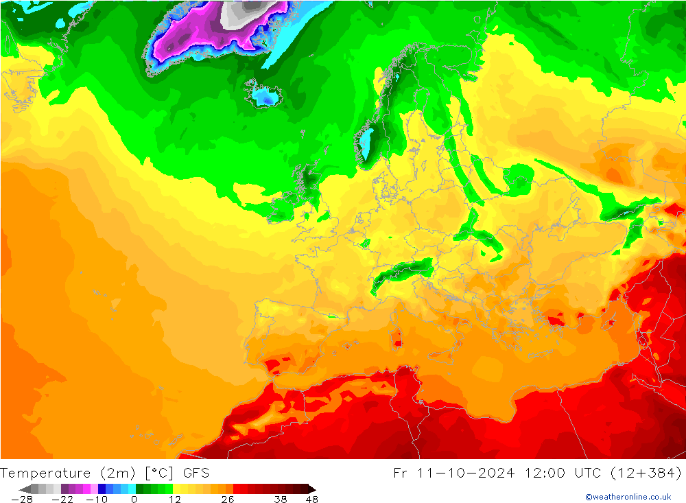 mapa temperatury (2m) GFS pt. 11.10.2024 12 UTC