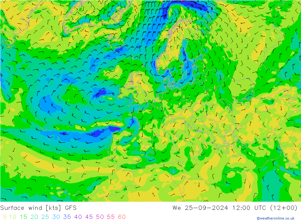 wiatr 10 m GFS śro. 25.09.2024 12 UTC