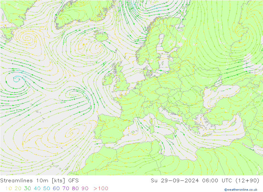 Linea di flusso 10m GFS dom 29.09.2024 06 UTC