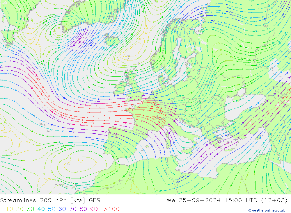 Stroomlijn 200 hPa GFS wo 25.09.2024 15 UTC