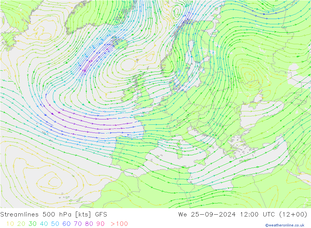 Linia prądu 500 hPa GFS śro. 25.09.2024 12 UTC