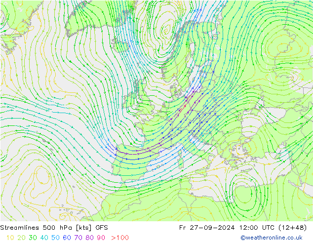 Linea di flusso 500 hPa GFS ven 27.09.2024 12 UTC