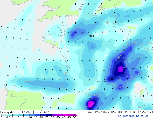 осадки (12h) GFS ср 02.10.2024 12 UTC