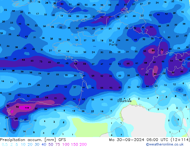 Precipitation accum. GFS Mo 30.09.2024 06 UTC