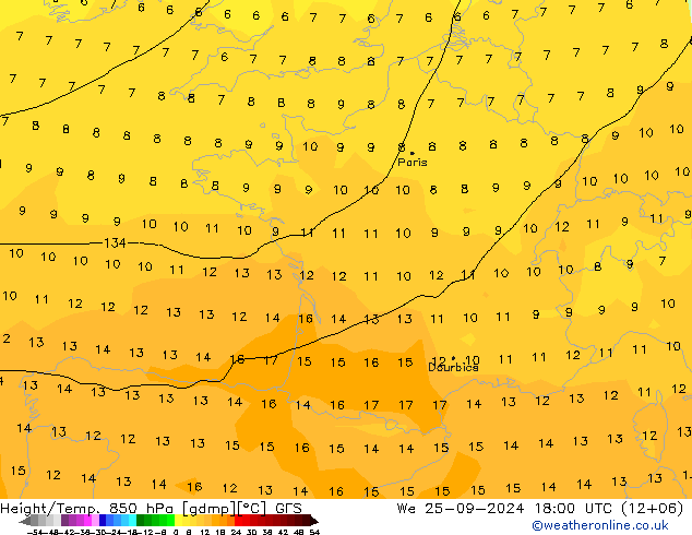 Height/Temp. 850 hPa GFS Mi 25.09.2024 18 UTC