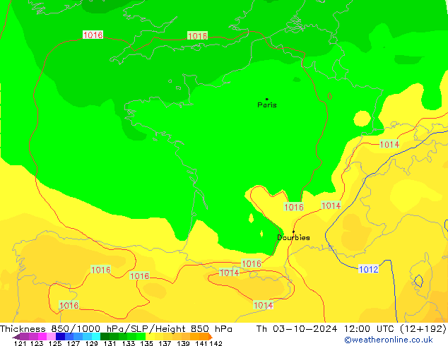 Dikte 850-1000 hPa GFS do 03.10.2024 12 UTC