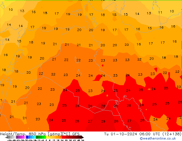 Geop./Temp. 850 hPa GFS mar 01.10.2024 06 UTC