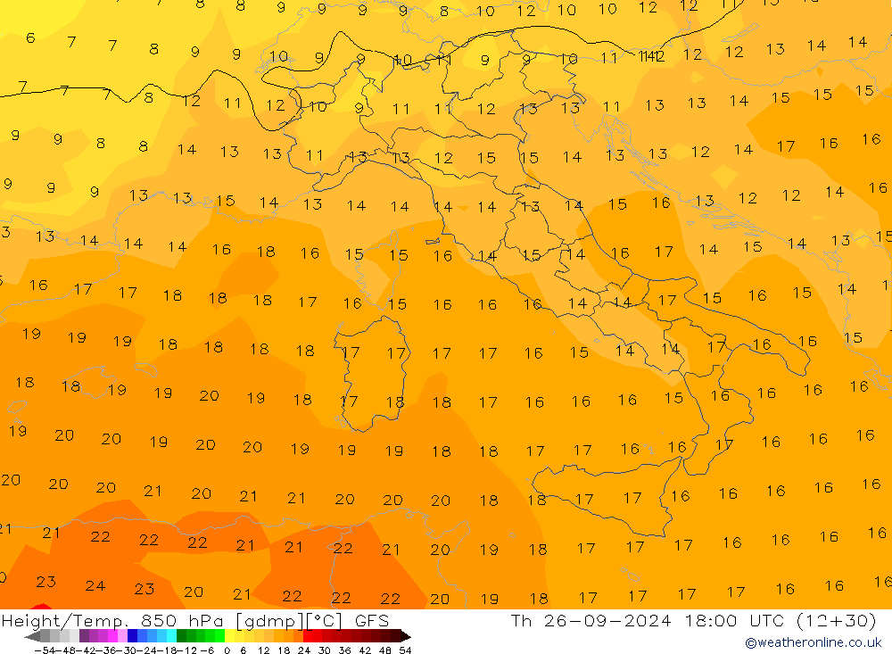 Hoogte/Temp. 850 hPa GFS do 26.09.2024 18 UTC