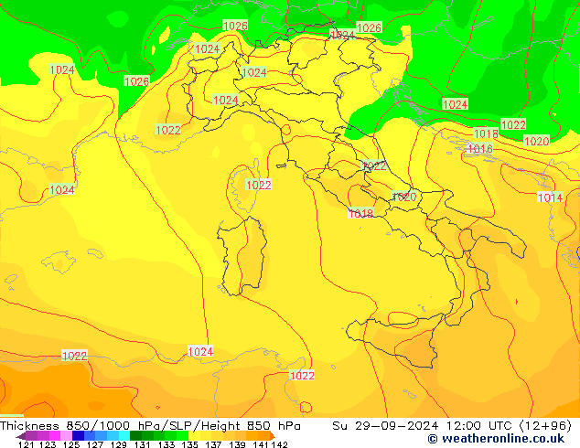 Thck 850-1000 hPa GFS  29.09.2024 12 UTC
