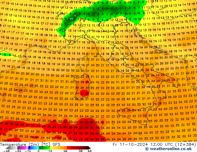 Temperature (2m) GFS Fr 11.10.2024 12 UTC