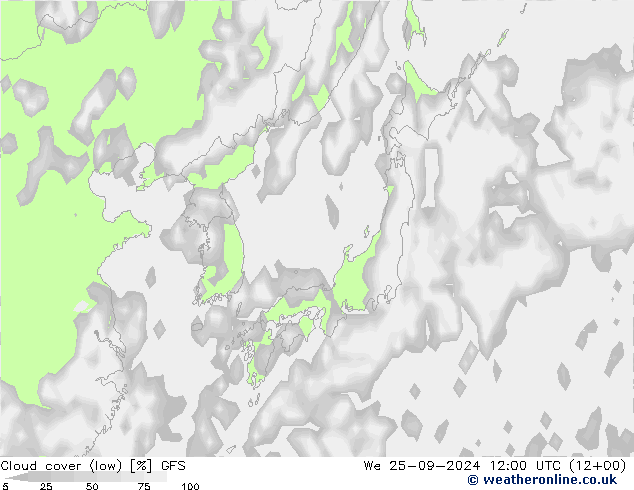 zachmurzenie (niskie) GFS śro. 25.09.2024 12 UTC