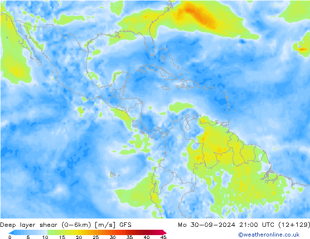 Deep layer shear (0-6km) GFS pon. 30.09.2024 21 UTC