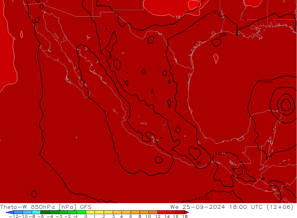 Theta-W 850гПа GFS ср 25.09.2024 18 UTC