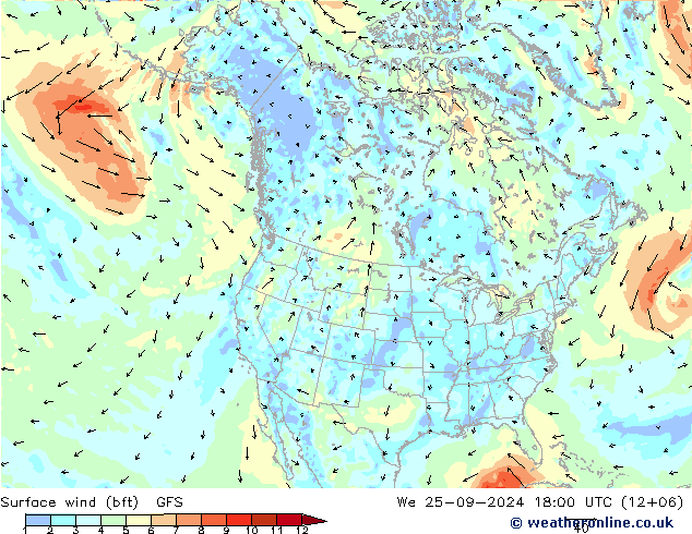 Vent 10 m (bft) GFS mer 25.09.2024 18 UTC