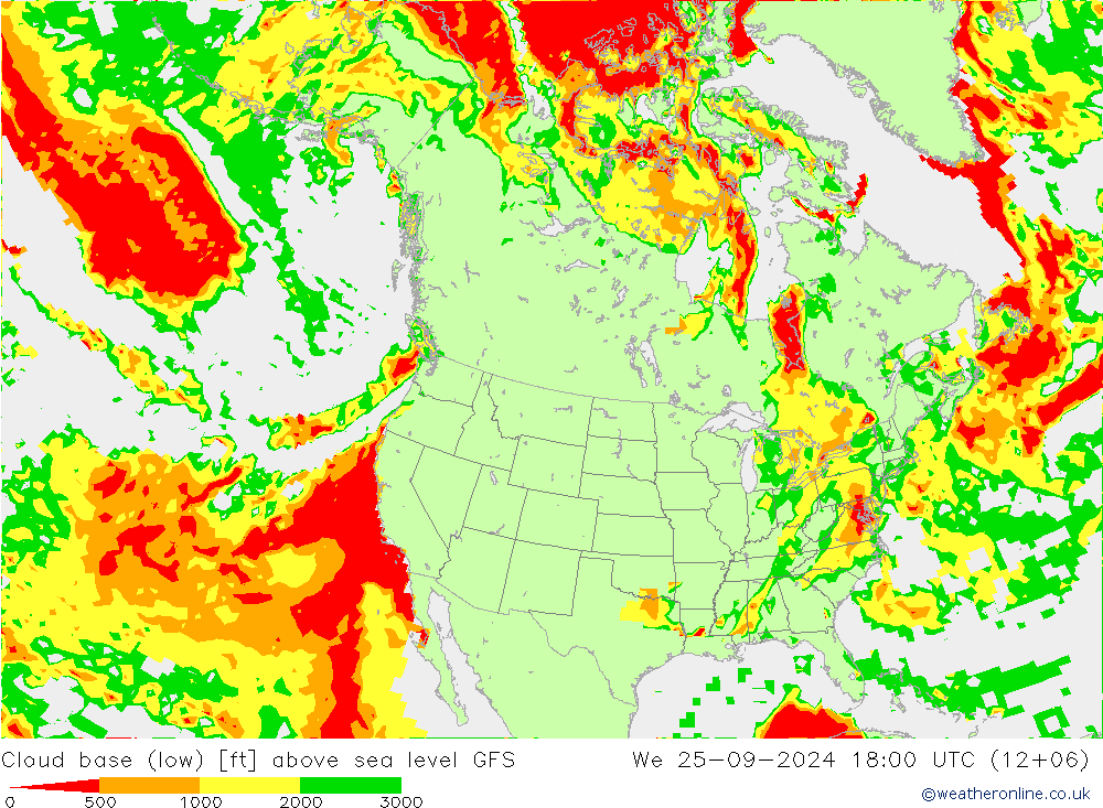 Cloud base (low) GFS śro. 25.09.2024 18 UTC