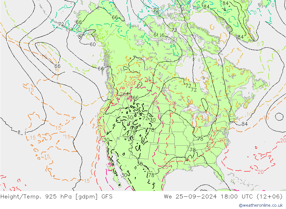 Height/Temp. 925 hPa GFS We 25.09.2024 18 UTC