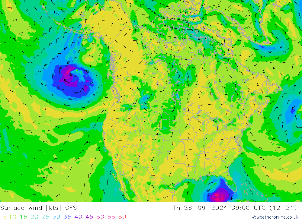 Surface wind GFS Čt 26.09.2024 09 UTC