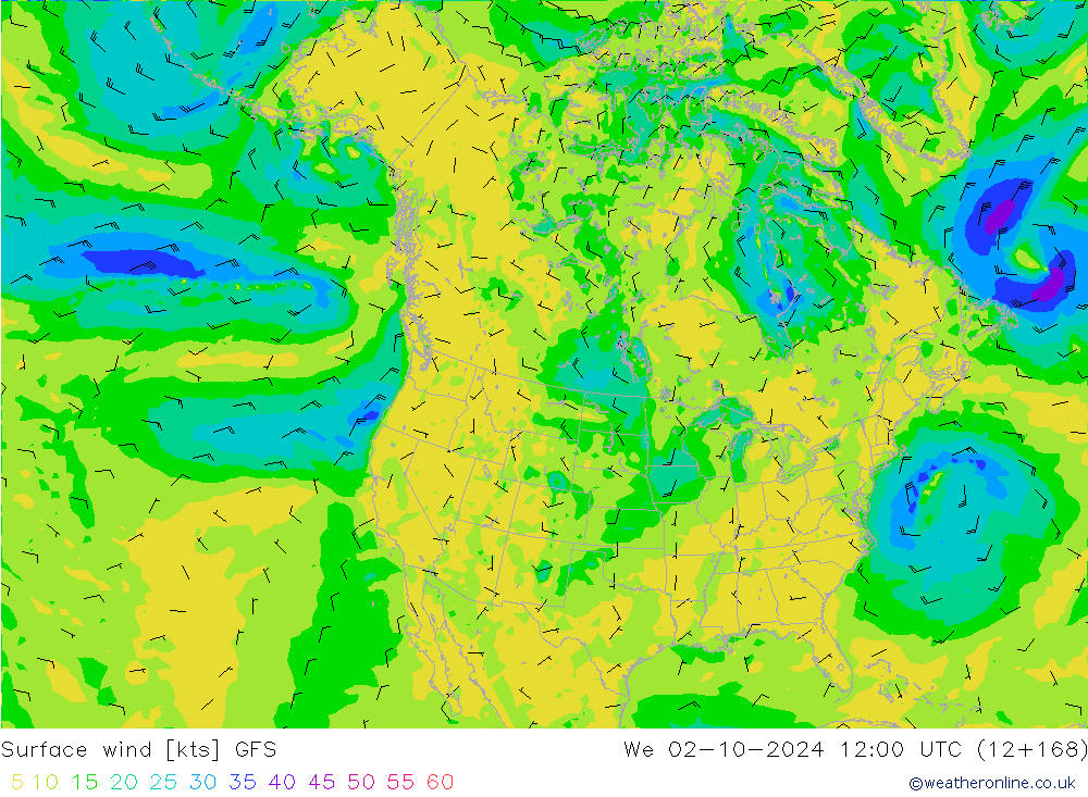 Surface wind GFS We 02.10.2024 12 UTC