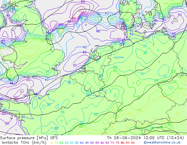 Izotacha (km/godz) GFS czw. 26.09.2024 12 UTC